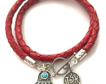 Red double luck charms bracelet with Opal gem - Leather and Sterling Silver Hamsa Hand and ALD Kabbalah Charms