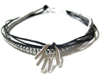 Black Bracelet with Silver Hamsa Hand Charm