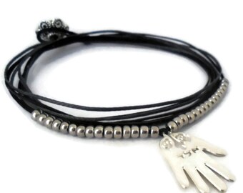 Silver, Black & Grey - goodluck charm bracelet with ALD hamsa hand