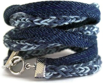 Eco friendly Upcycle bracelet-smoky blue-Sky blue-Vintage denim indigo