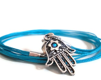 Sterling Silver Turquoise protection Hamsa hand and Star of David bracelet