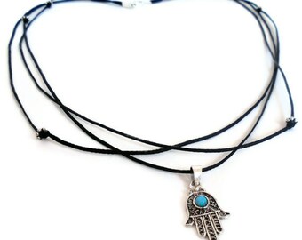 Sterling Silver Black cord protection from evil eye Hamsa hand Necklace with sterling flower beads