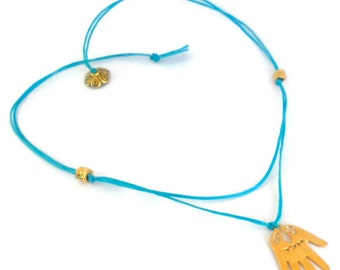 Free Shipping!!! Turquoise Protection Necklace with 18k gold Hamsa Hand Charm