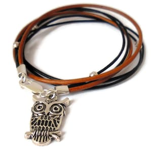 Spirit Animal Owl Totem Bracelet - sterling silver brown leather - Intuition, Wisdom, Life transition & change