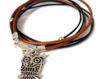 Spirit Animal Owl Totem Bracelet - sterling silver brown leather - Intuition, Wisdom, Life transition & change