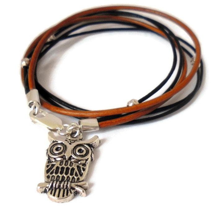 Spirit Animal Owl Totem Bracelet - sterling silver brown leather - Intuition, Wisdom, Life transitio