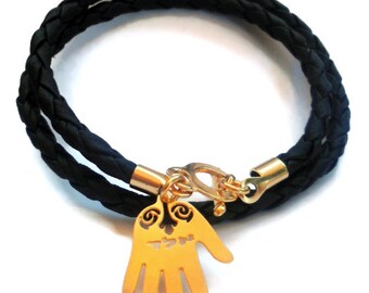 Black Leather and 18k Gold Kabbalah Bracelet & Protection Charm