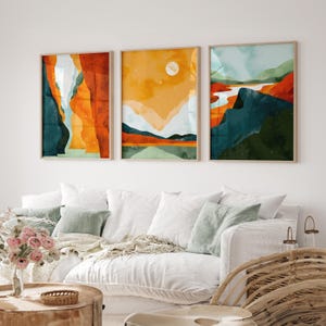 3-teilige gerahmte Leinwand Wandkunst Sonne und Berg Illustration Druck Set Mid Century Modern Kunstwerk Boho Dekoration für Wohnzimmer