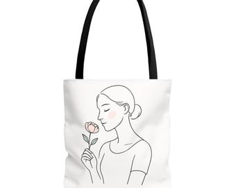 Ilustración minimalista de una mujer sosteniendo un bolso de flores / Ilustración floral