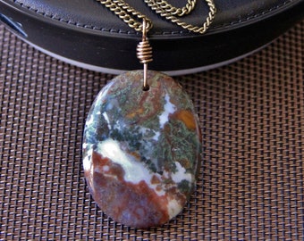 Short big bold chunky Moss Agate gemstone pendant statement necklace white green brown organic natural stone jewelry gift for women mom her