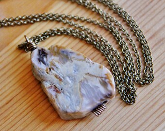 Long boho chic hippie Petrified wood gemstone pendant layering necklace earthy raw organic natural stone jewelry bohemian gift for women her