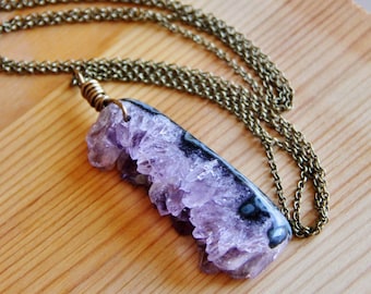 Long boho chic hippie druzy Amethyst gemstone pendant necklace purple raw organic natural crystal February stone jewelry gift for women her