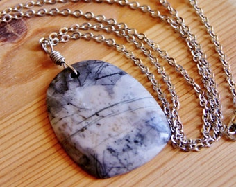 Long boho chic hippie Picasso jasper gemstone pendant necklace healing organic gray grey grounding natural stone jewelry gift for women her