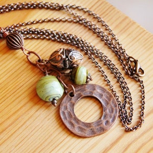 Copper Locket Necklace: Green Lampwork Bead Charm, Boho Hippie Style