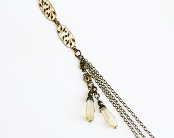 Reclaimed long vintage double charm Citrine gemstone chain tassel necklace earthy natural stone boho chic hippie jewelry gift for her woman