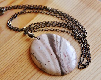 Long boho chic hippie Briecciated Snake Skin Jasper gemstone pendant necklace brown beige earthy natural stone necklace jewelry gift for her