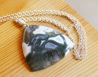 Short big bold chunky Moss Agate gemstone pendant necklace large white forest green earthy organic natural stone necklace gift for women her