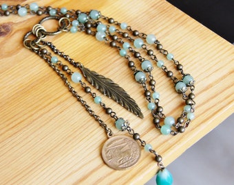 Reclaimed long beaded tassel and vintage charm necklace brass leaf green Jade organic earthy natural stone necklace gift for women her mom