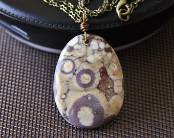 Long boho chic hippie Ocean Jasper Fossil gemstone pendant necklace brown yellow beige earthy organic natural stone jewelry gift for women