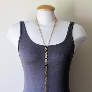 Reclaimed long vintage boho chic hippie Y necklace gold tone orange bohemian recycled upcycled necklace jewelry gift for women mom her wife