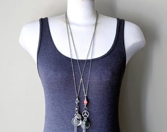 30 inch Long Praying Hands Tassel Necklace with Vintage Serenity Prayer Pendant, Ocean Jasper Charm, Silver Tone Chain, Assemblage Jewelry