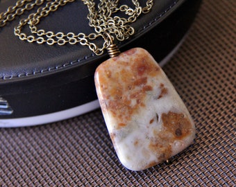 Long boho chic hippie vintage Jasper gemstone pendant necklace taupe white honey brown raw organic natural stone jewelry OOAK gift for woman