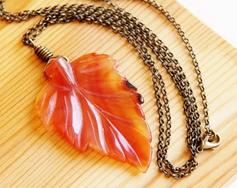 Extra long boho chic hippie Agate gemstone leaf pendant necklace big bold chunky carved natural stone necklace jewelry gift for mother mom