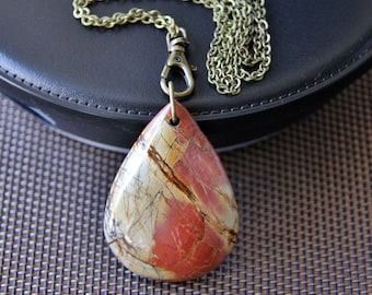 Long boho chic hippie Picasso Jasper gemstone pendant necklace beige red natural earthy organic stone jewelry OOAK gift for her women woman