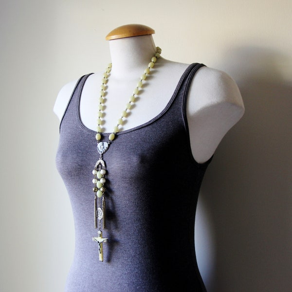 Reclaimed vintage extra long rosary necklace cross charm tassel pendant religious christian catholic faith spiritual glowing bead jewelry