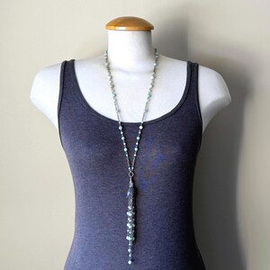 Amazonite Tassel Necklace, Boho Organic Pendant on Long Beaded Strand, Earthy Natural Jewelry