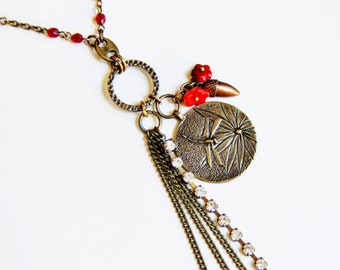 Reclaimed extra long vintage dragonfly flower charm chain tassel red brass necklace beaded boho chic recycled jewelry gift for women her mom