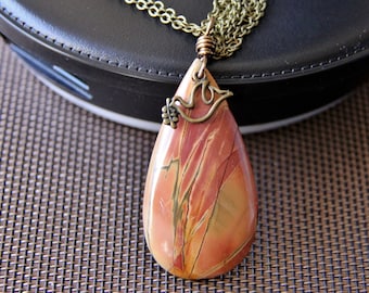 Long boho chic hippie Picasso Jasper gemstone pendant necklace orange red natural earthy organic stone jewelry OOAK gift for her women mom