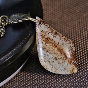 Picture Jasper Pendant Necklace: Beige Gemstone & Brass Leaf Charm, Organic Natural Stone, Root Chakra Jewelry
