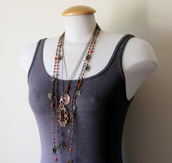 Reclaimed Extra Long Layered Vintage Medal Pendant Statement Stone Necklace Natural Agate Carnelian Gemstone Earthy Bronze Necklace Jewelry