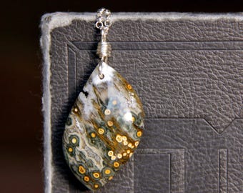 Druzy Ocean Jasper Pendant Necklace, Large Natural Stone on Sterling Silver Chain, Earthy Gemstone Jewelry