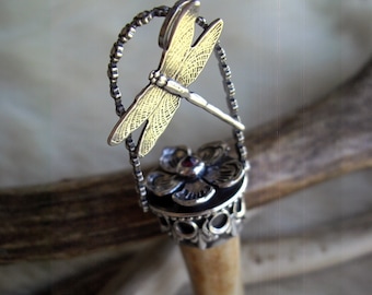 Antler tip with sterling silver dragonfly and flower pendant