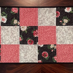 Quilted floral table runner, black pink and gray table topper, kitchen decor,  item #260