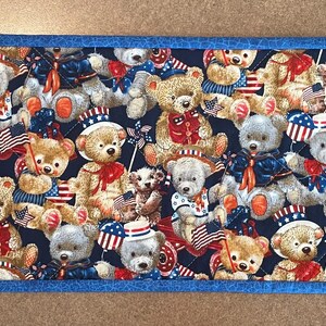 Quilted toilet tank topper, patriotic table topper, teddy bears