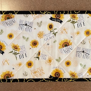 Quilted toilet tank topper, bees and sunflowers small table topper