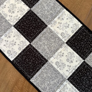 Quilted table runner, black gray white table topper, 14 x 36 inches, item #190