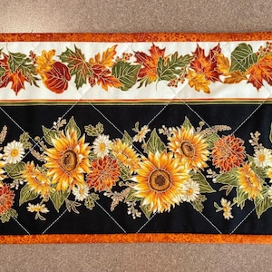 Quilted fall toilet tank topper, flowers and leaves, autumn bookcase runner, item #280