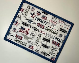 Quilted patriotic mug rug, patriotic words snack mat, red white blue, item #9