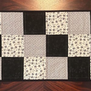 Quilted table runner, black gray white table topper, 14 x 36 inches