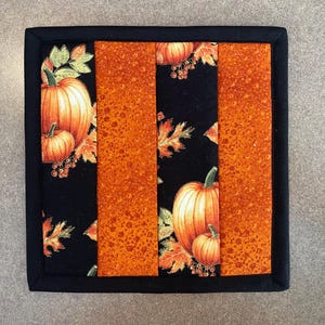 May include: Square quilted hot pad featuring a fall harvest theme. The design includes orange pumpkins, fall leaves, and berries on a black background, with orange vertical stripes. The edges are finished with a black border.