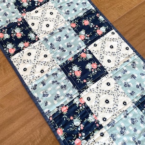 Quilted table runner, floral table topper, blue and white, 14&quot; by 36&quot;, item #213