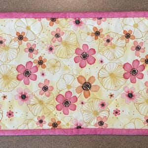 Quilted toilet tank topper, floral pink and yellow small table topper