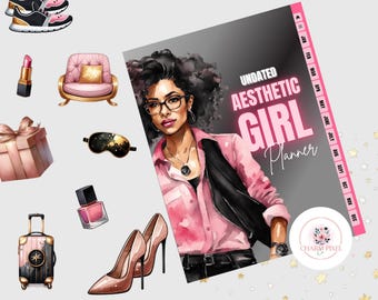 May include: An undated planner with a pink and black aesthetic. The cover features a digital illustration of a woman with glasses and a pink shirt. The text "UNDATED AESTHETIC GIRL Planner" is in pink and white.