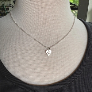 Heart shaped paw print charm necklace in sterling silver, heart charm, cat paw, dog paw, heart charm, cat dog jewelry, Mother&#39;s Day, pets
