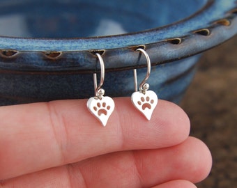 Sterling Silver Paw Print Heart Earrings: Pet Lover Jewelry