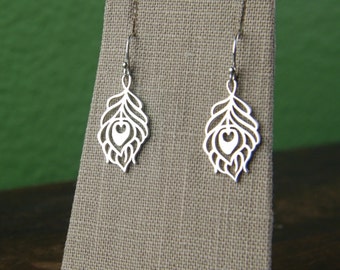Sterling Silver Peacock Feather Earrings: Heart Shaped Bird Jewelry